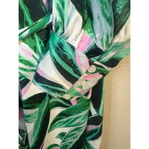 Lane Bryant Sz 18 BeautiCurve Silky Dress Green Pink Leaf Print Belted tailored - Picture 5 of 10
